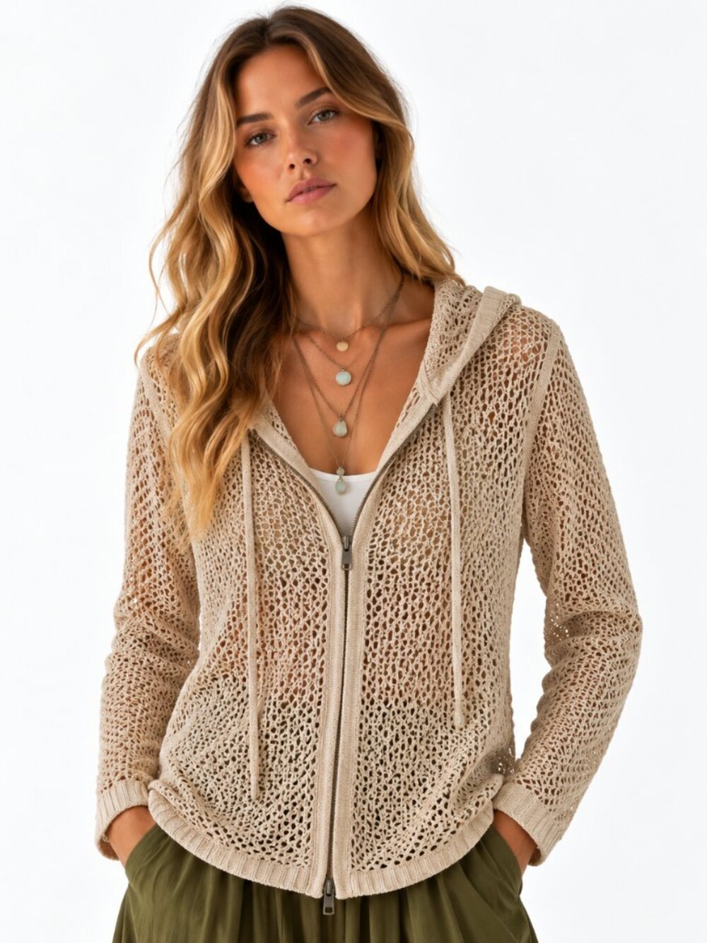 Ramie/cotton blend crochet-inspired knit jacket w. hood